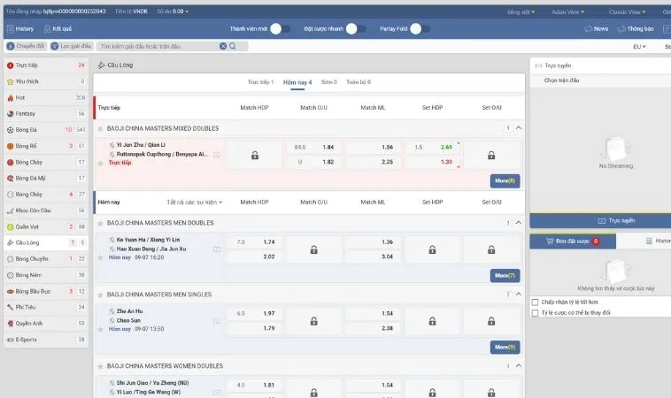 Bảng kèo cá cược Cầu Lông Tại 789P