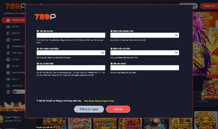 Giao diện đăng ký 789P