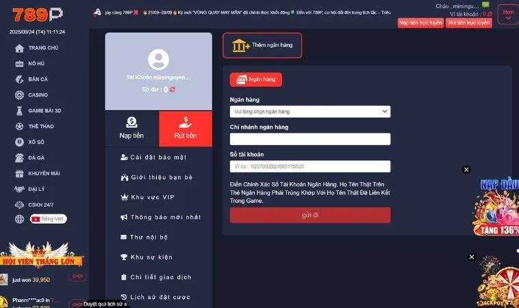 Giao diện rút tiền 789P